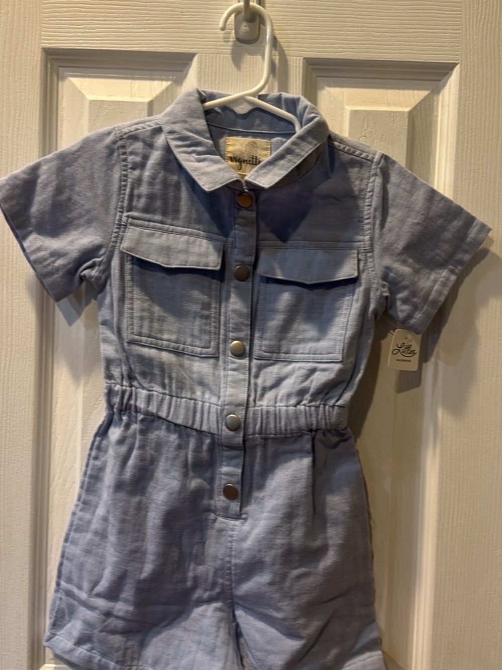 Children's Light Blue Short Sleeve Romper with Front Pockets